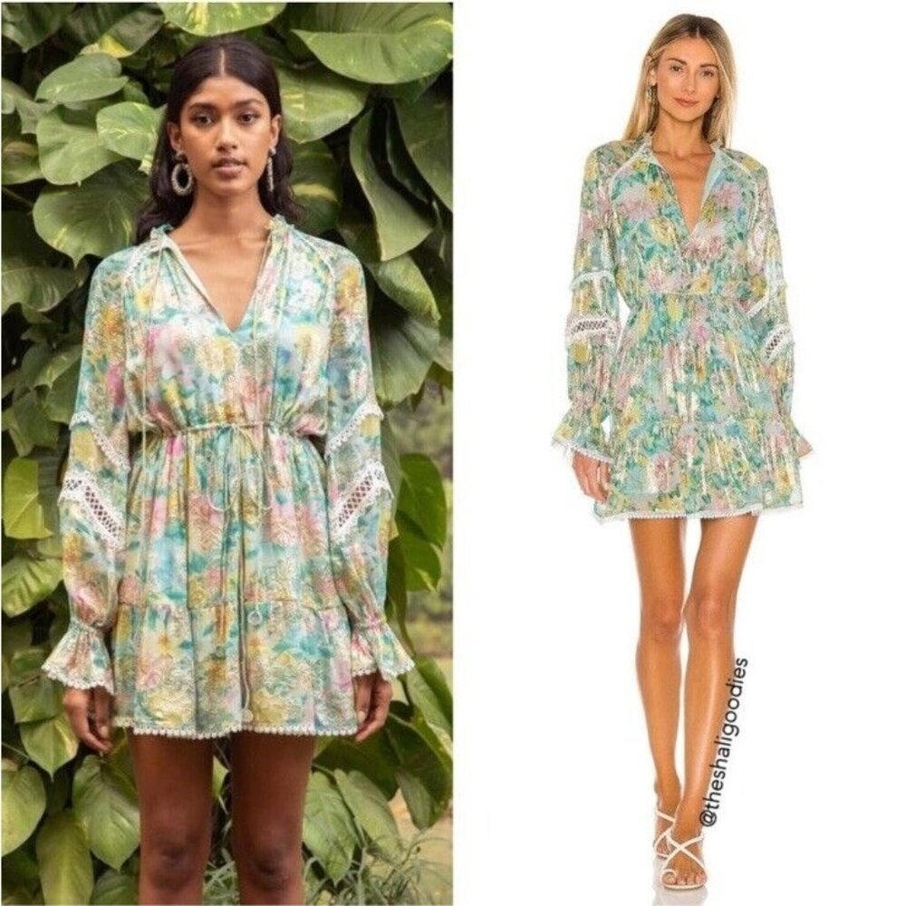 Hemant and Nandita  Azalea Mini Dress Green Long Sleeve Metallic